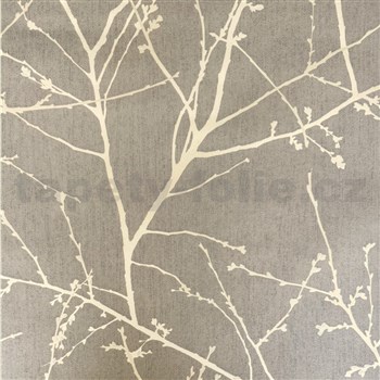 Vliesové tapety na zeď popínavé větvičky zlaté na hnědém podkladu