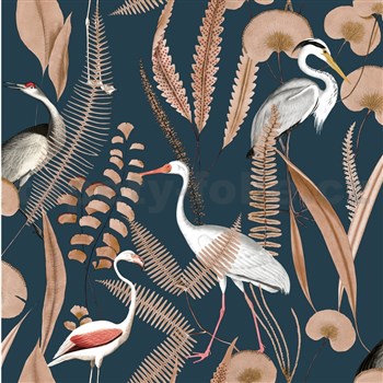 Vliesové tapety na zeď ptáci na modrém podkladu s listy