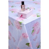 Ubrusy návin 20 m x 140 cm růžové hortenzie na světle modrém podkladu