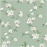 Ubrus metráž třešňové květy na zeleném podkladu