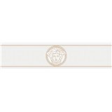 Luxusní vliesové bordury na zeď Versace III hlava medúzy zlato-bílá s řeckým klíčem