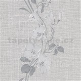 Vliesové tapety na zeď IMPOL HIT květy na šedém textilním podkladu se stříbrným prošíváním
