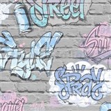 Papírové tapety na zeď Freestyle grafitti růžové na šedé cihlové stěně