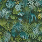 Vliesové tapety na zeď Greenery palmové listy a listy Monstera modro-zelené