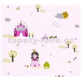 Dětské vliesové tapety na zeď Little Stars princezna a žabka na růžovém podkladu