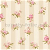 Vliesové tapety na zeď IMPOL Romantico růžové květy na hnědo-krémových pruzích